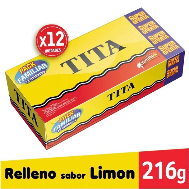 Tita Pack Familiar Chocolate Coated Cookie With Lemon Cream Filling, 12 cookies x 18 g / 0.63 oz family box