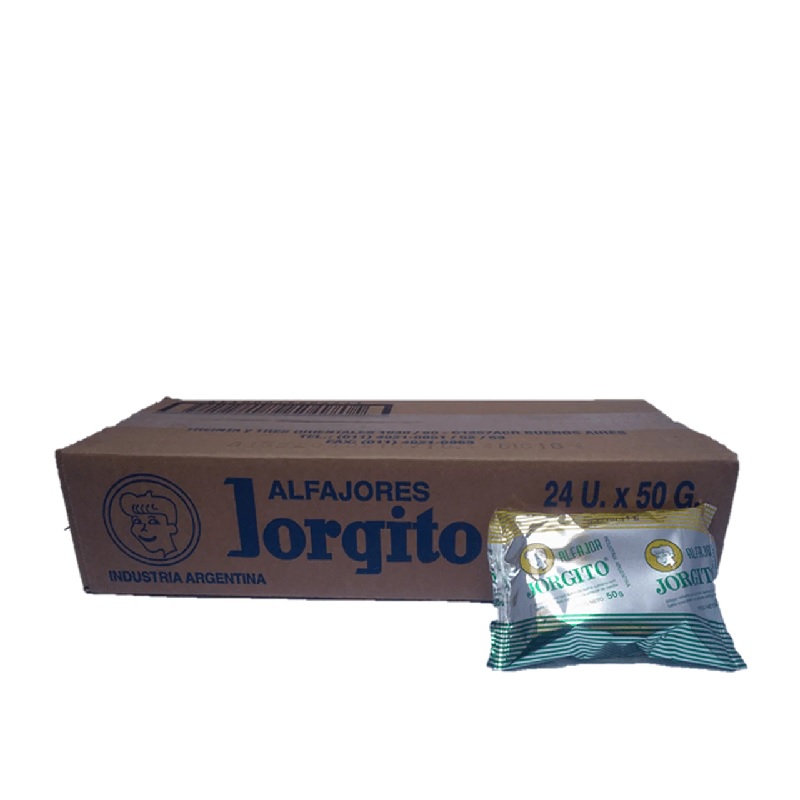Alfajor Jorgito Blanco. Dulce de Leche glaseado caja mayorista, 55 g / 1.94 oz ea (24 unidades por caja)