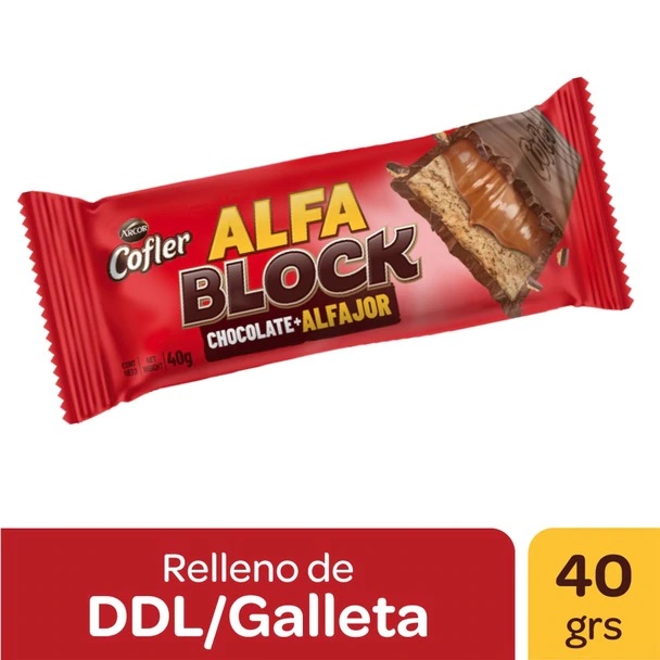 Cofler Alfa Block Chocolate Relleno de Alfajor Cookie & Dulce de Leche , 40 g / 1.41 oz (caja de 20)
