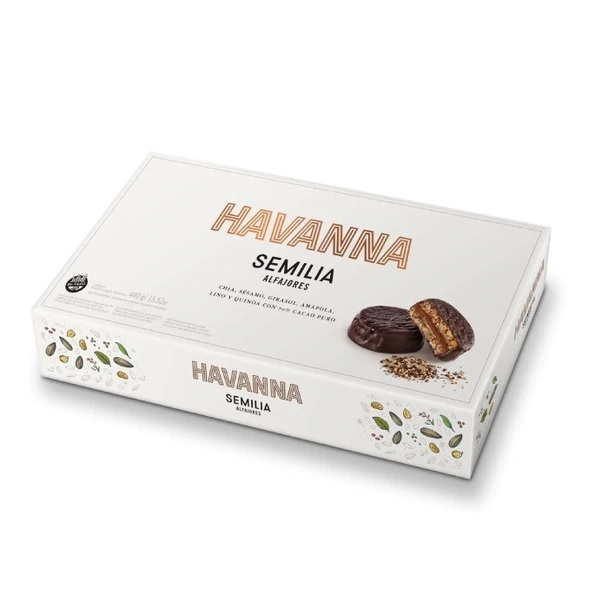 Havanna Alfajor Semilia Libre de Gluten Mixto 6 Semillas Alfajor con 70% Chocolate Negro y Dulce de Leche Sin Gluten (Caja de 8)