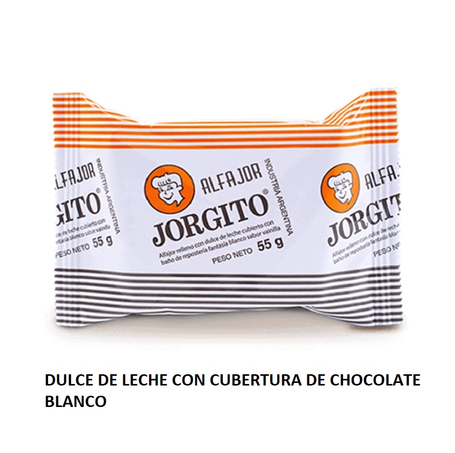Alfajor Jorgito Blanco de Dulce de Leche Cubierto con Chocolate Blanco Caja mayorista, 55 g / 1.94 oz c/u (24 unidades por caja)